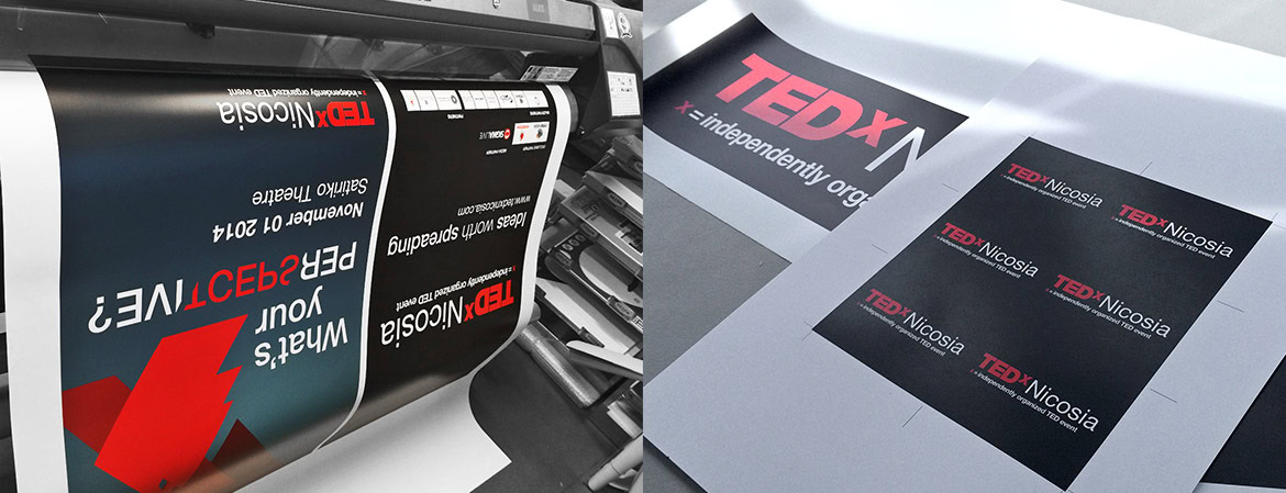 A large printer producing TEDxNicosia posters with black backgrounds and red and white text.