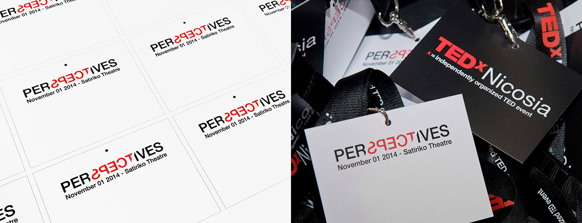 A group of name badges and lanyards for TEDxNicosia event on November 1, 2014.