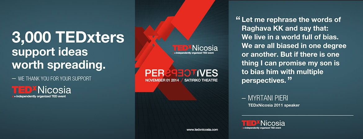 A group of people attending a TEDx event, with a large TEDxNicosia logo and a quote on a blue background.