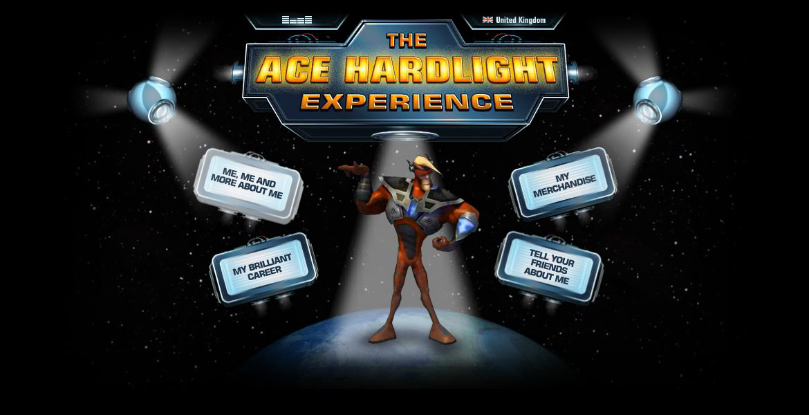 The Ace Hardlight Experience logo with a central character in space, surrounded by speech bubbles about personal achievements and merchandise.