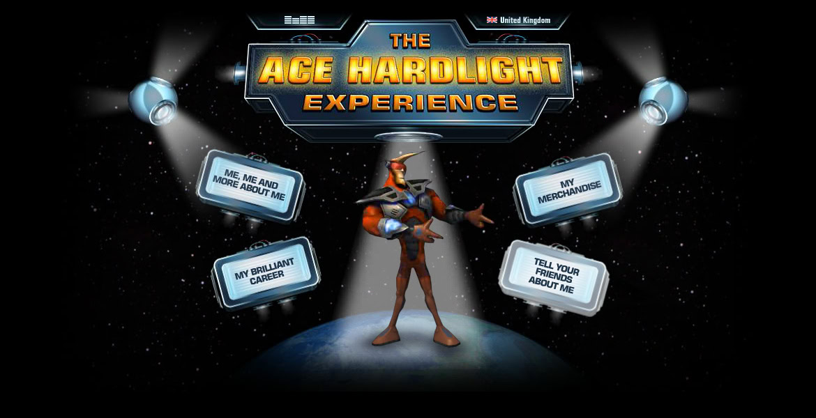 The Ace Hardlight Experience logo with a cartoon astronaut character floating in space, surrounded by speech bubbles.