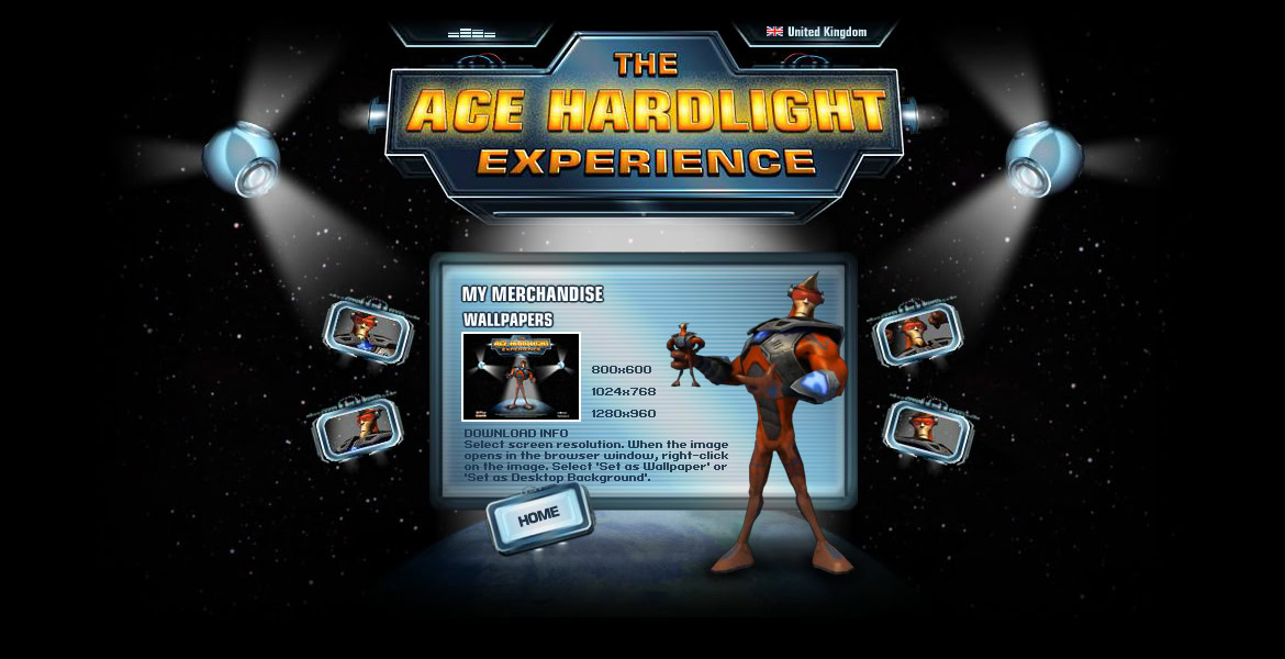 Space-themed digital interface featuring a character, merchandise options, and floating screens with product images.