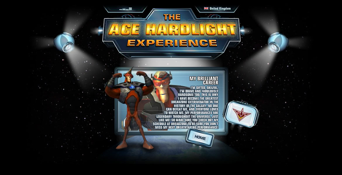 The image shows a space-themed arcade game interface with a character in a superhero costume, a large screen with game information, and a 