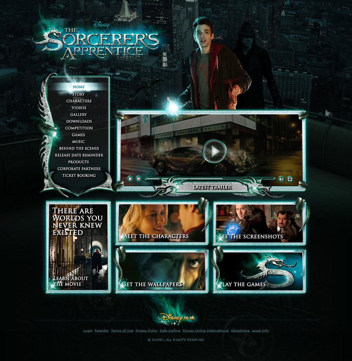 A young man stands on a rooftop at night with a city skyline behind him, surrounded by menu options and video thumbnails from 