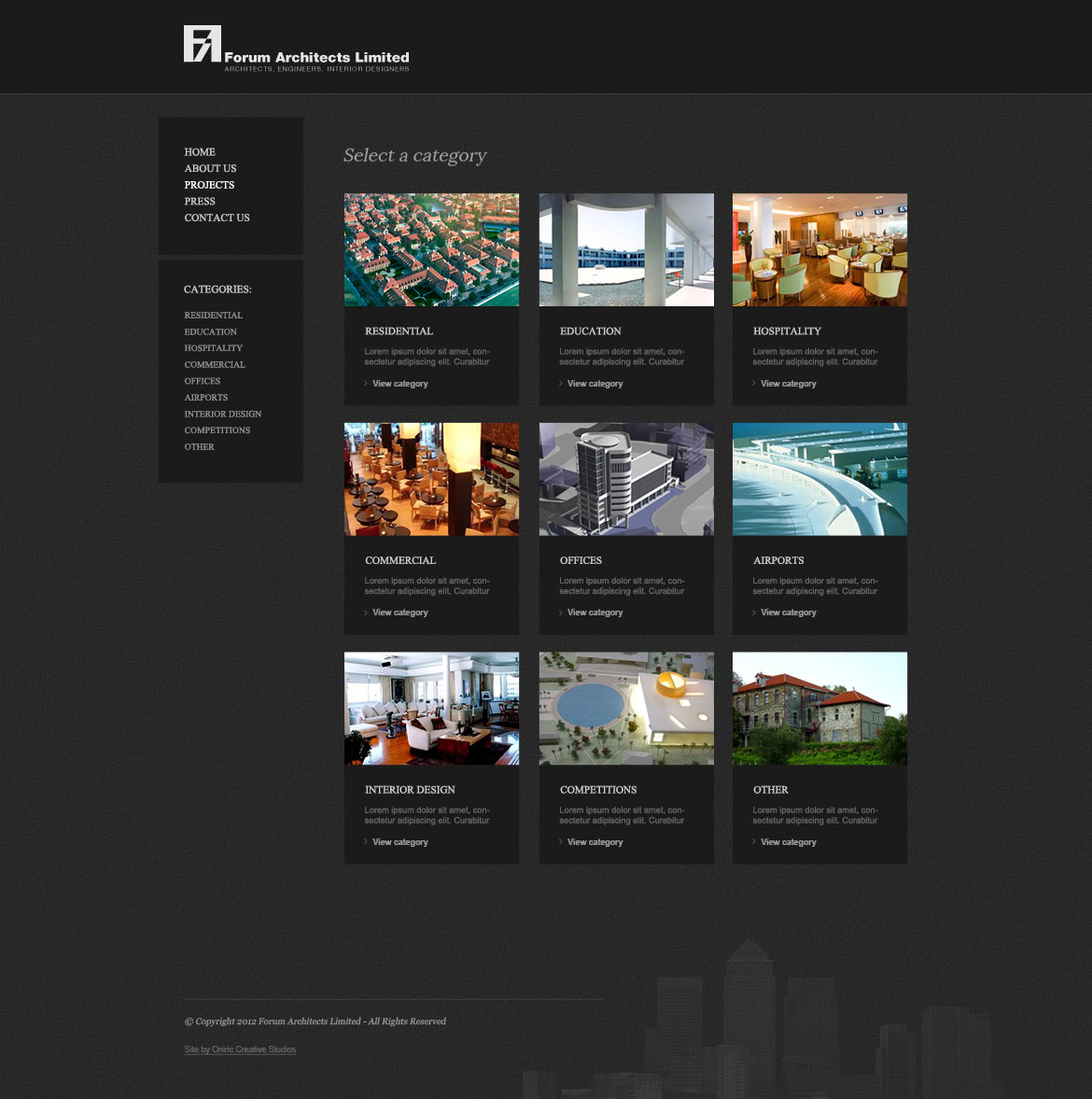 A modern website homepage for Forum Architects Limited displaying categories such as residential, education, hospitality, commercial, interior design, competitions, and other projects.