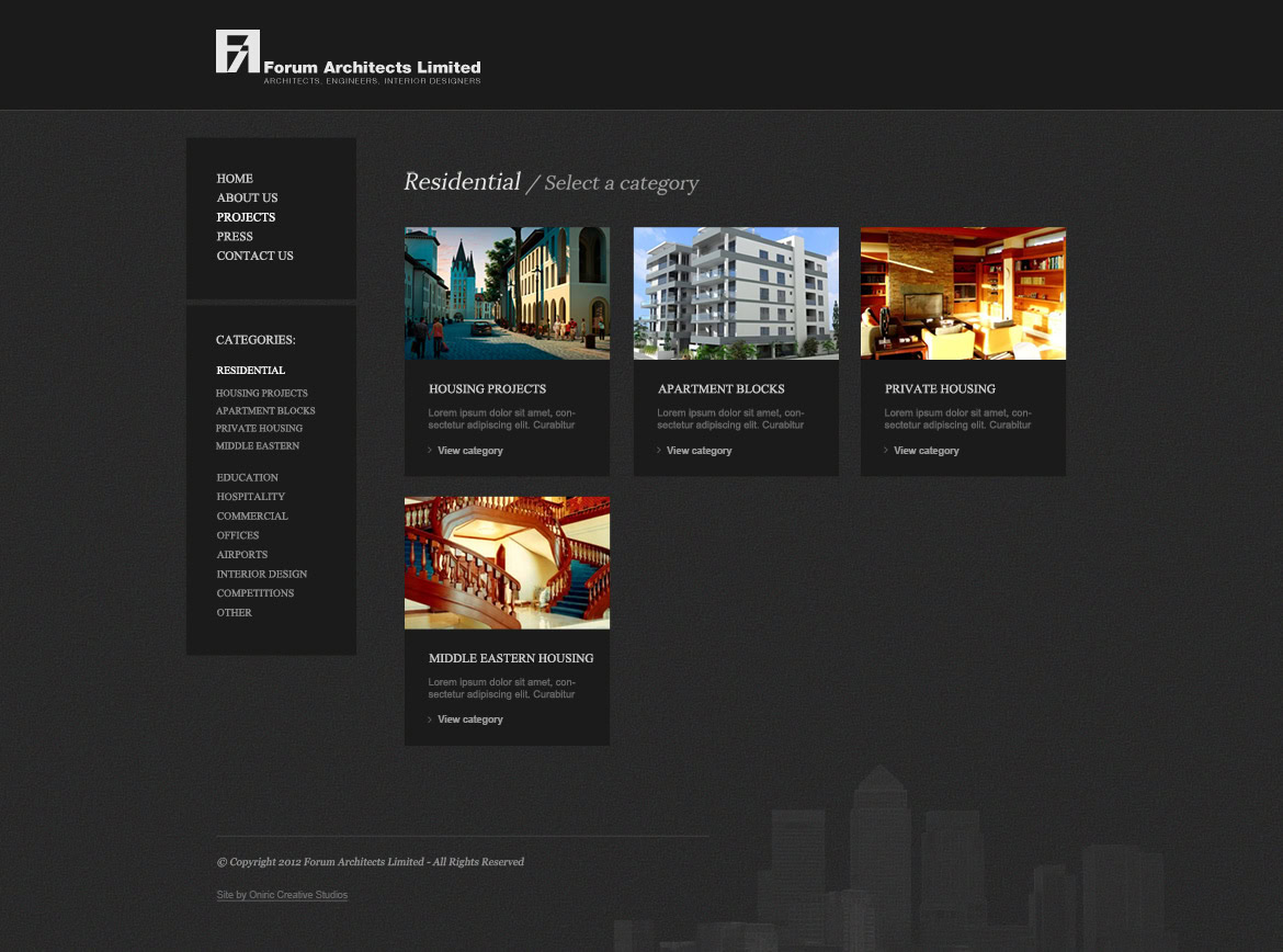 Modern website homepage with navigation menu on the left and a grid of residential project images on a dark background.