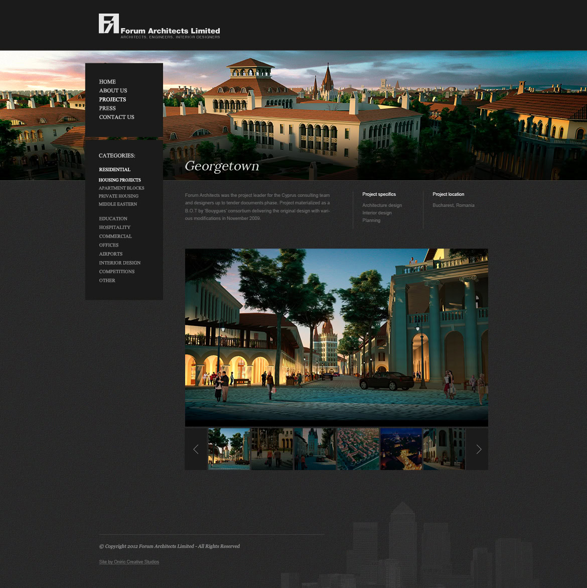 A modern architectural website homepage featuring a cityscape with historic and contemporary buildings, a navigation menu, and a project showcase.