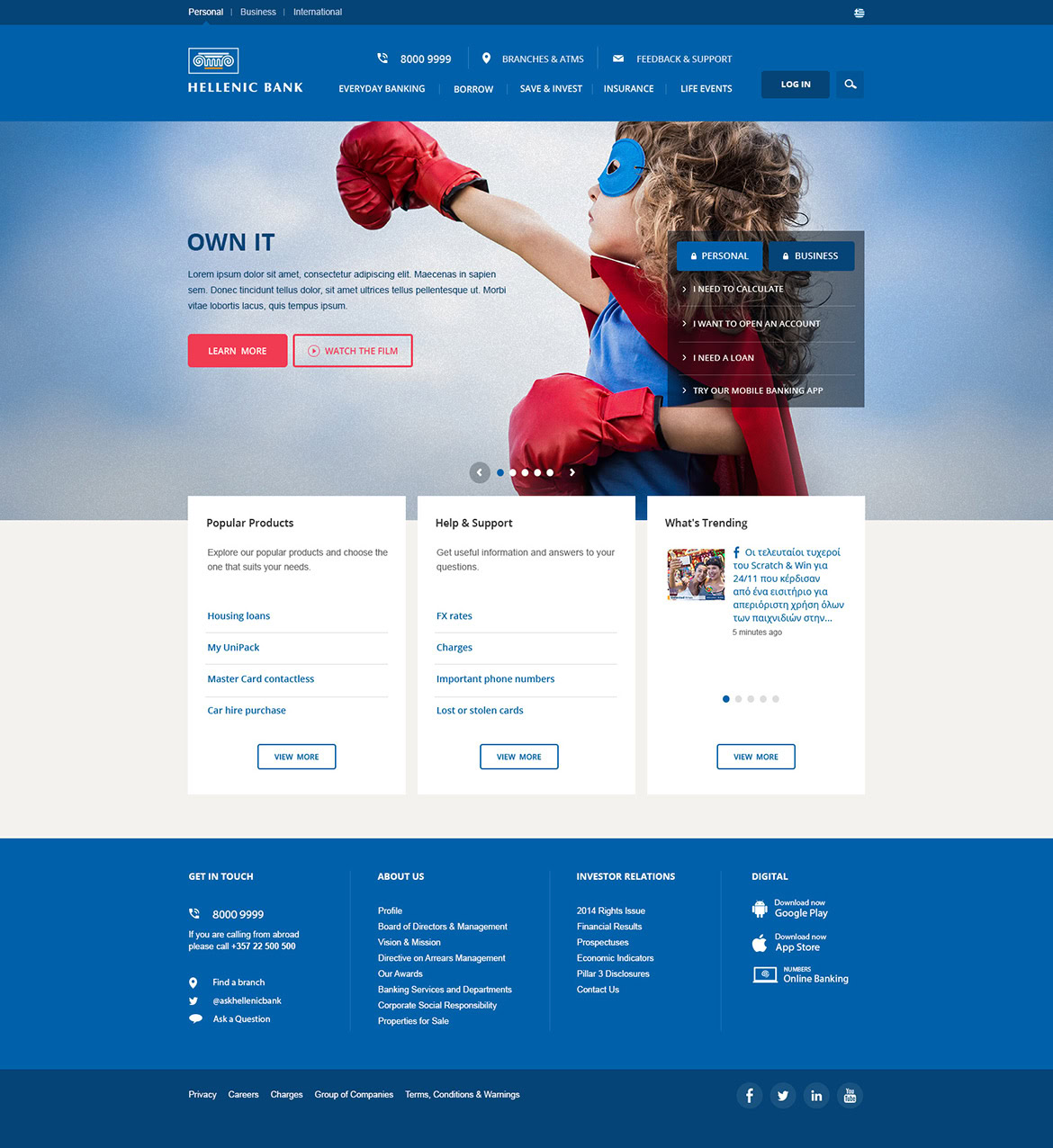 Explore a website homepage with a blue theme, featuring a superhero child in a red cape and blue mask.