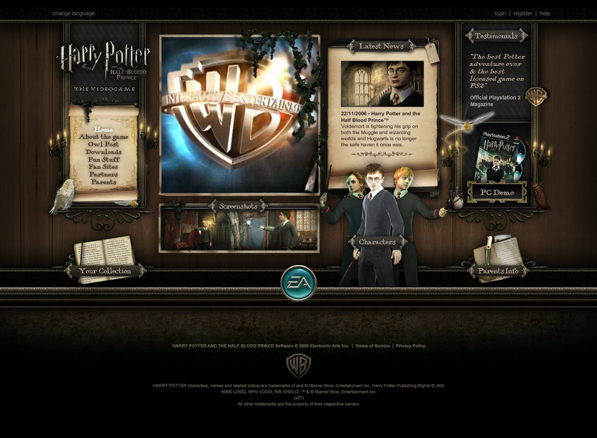 Harry Potter and the Goblet of Fire video game interface with characters, news, and menu options.