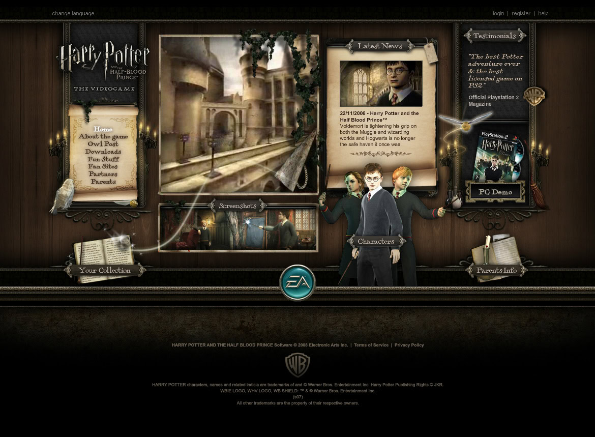 A castle with towers and a bridge, surrounded by a dark, magical atmosphere with Harry Potter-themed elements.