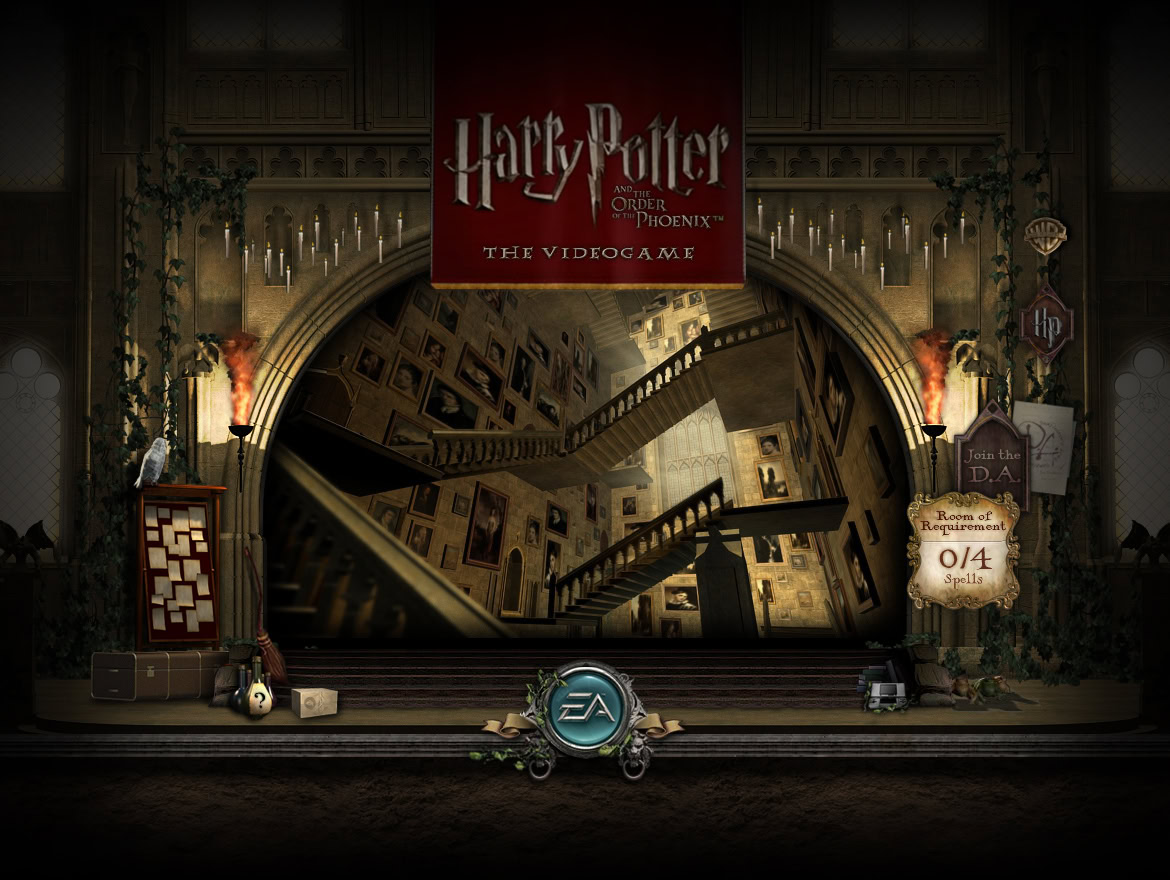 A grand staircase inside a building with posters, banners, and gaming-related decorations.