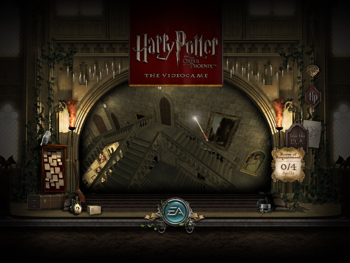 A large stage set with Harry Potter-themed decorations, including a banner, props, and gaming equipment.