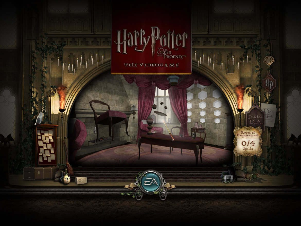A cosy, vintage-style stage set with furniture and decorative elements for Harry Potter: Order of the Phoenix video game.