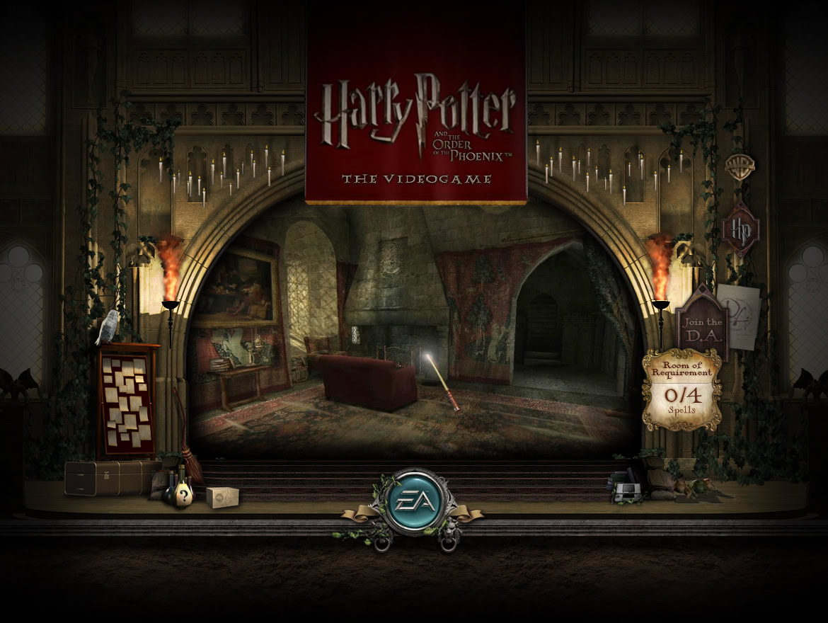 A cosy, decorated room with a large fireplace, vintage furniture, and Harry Potter-themed banners and signs.