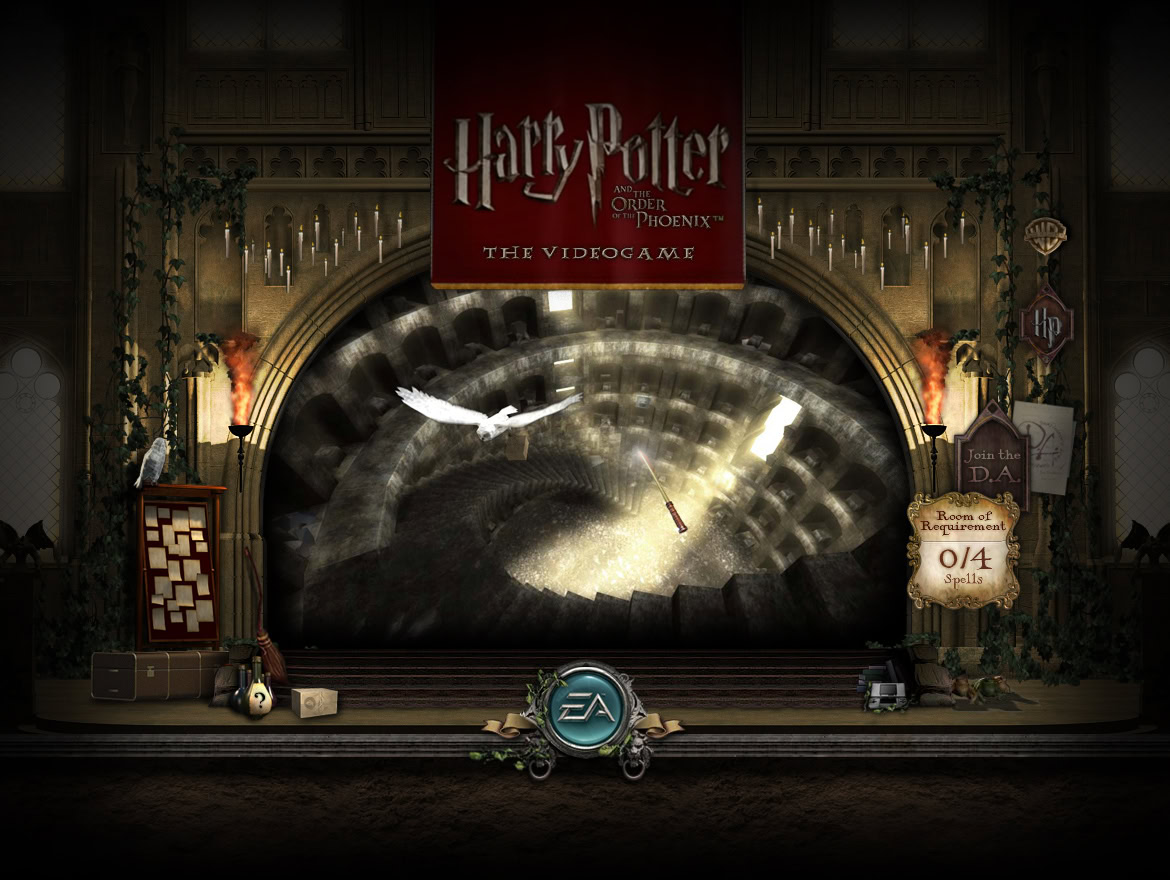 A large screen displaying the Harry Potter logo and a swirling vortex, with gaming consoles and decorative elements in front.