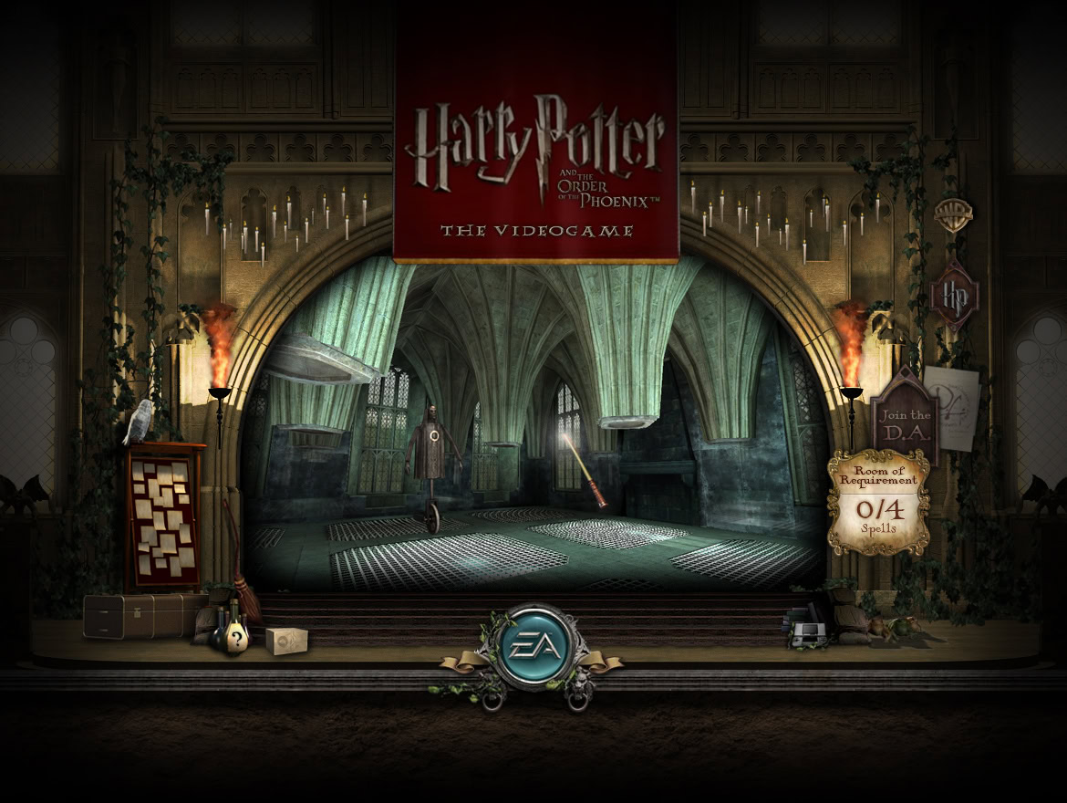 A stage set for the Harry Potter video game, featuring gothic architecture, banners, and gaming equipment.