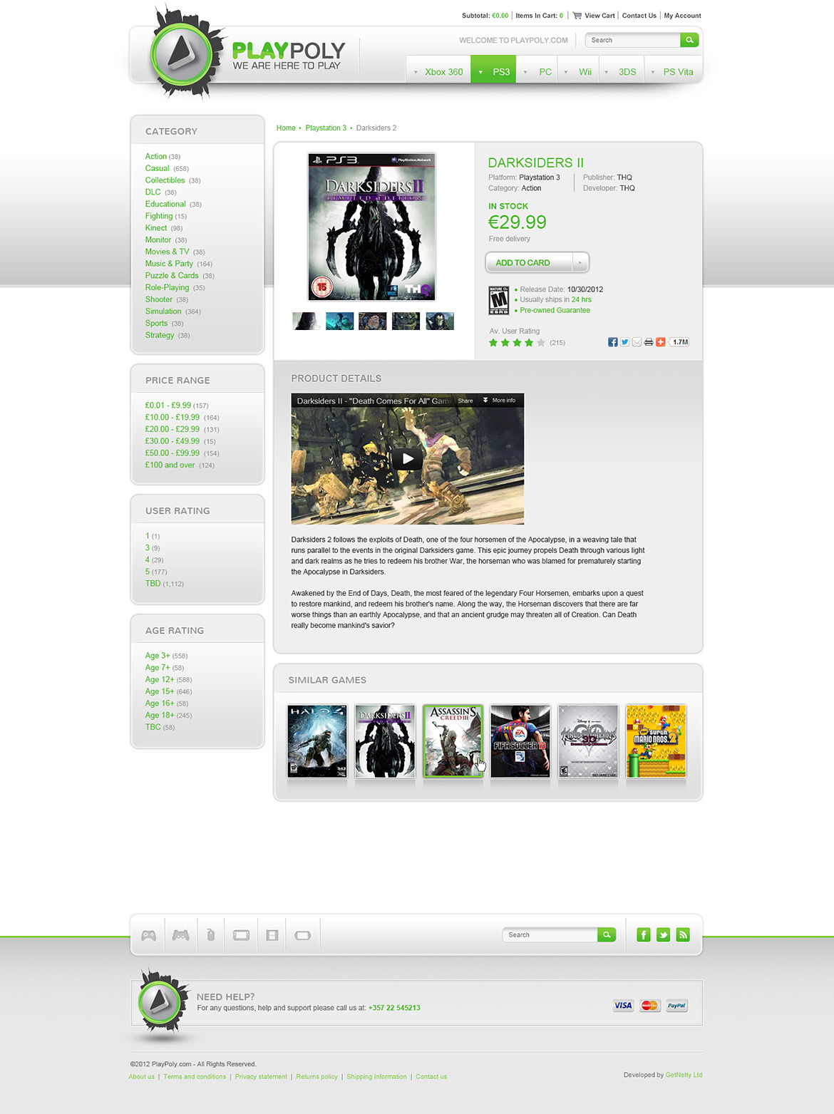 Darksiders II game page showing game cover, price, and related game thumbnails on a website.