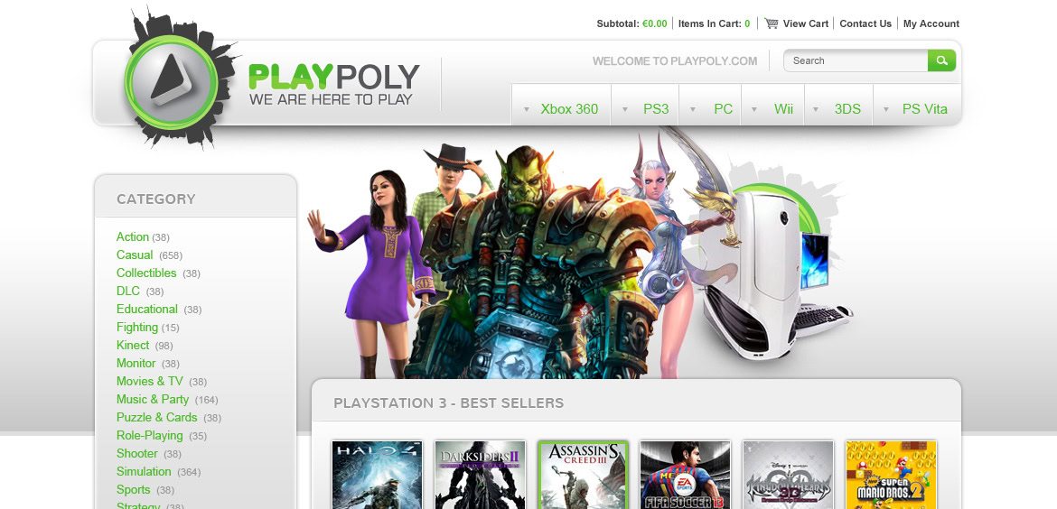 A group of animated characters, including a woman, a warrior, and fantasy figures, standing together on a website homepage.