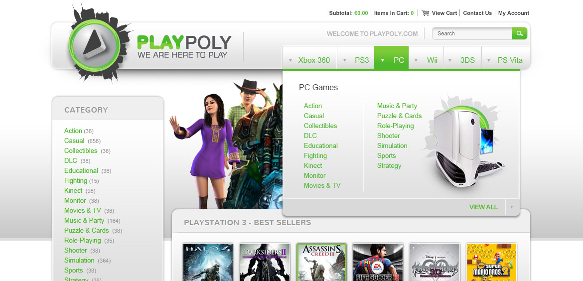 A group of animated characters and a gaming console on a website homepage.
