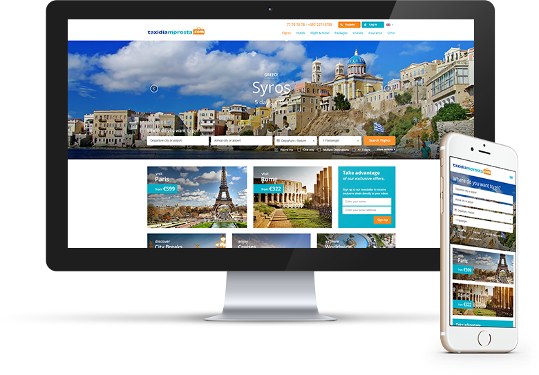 A computer and smartphone displaying a travel website with images of a cityscape, landmarks, and travel deals.