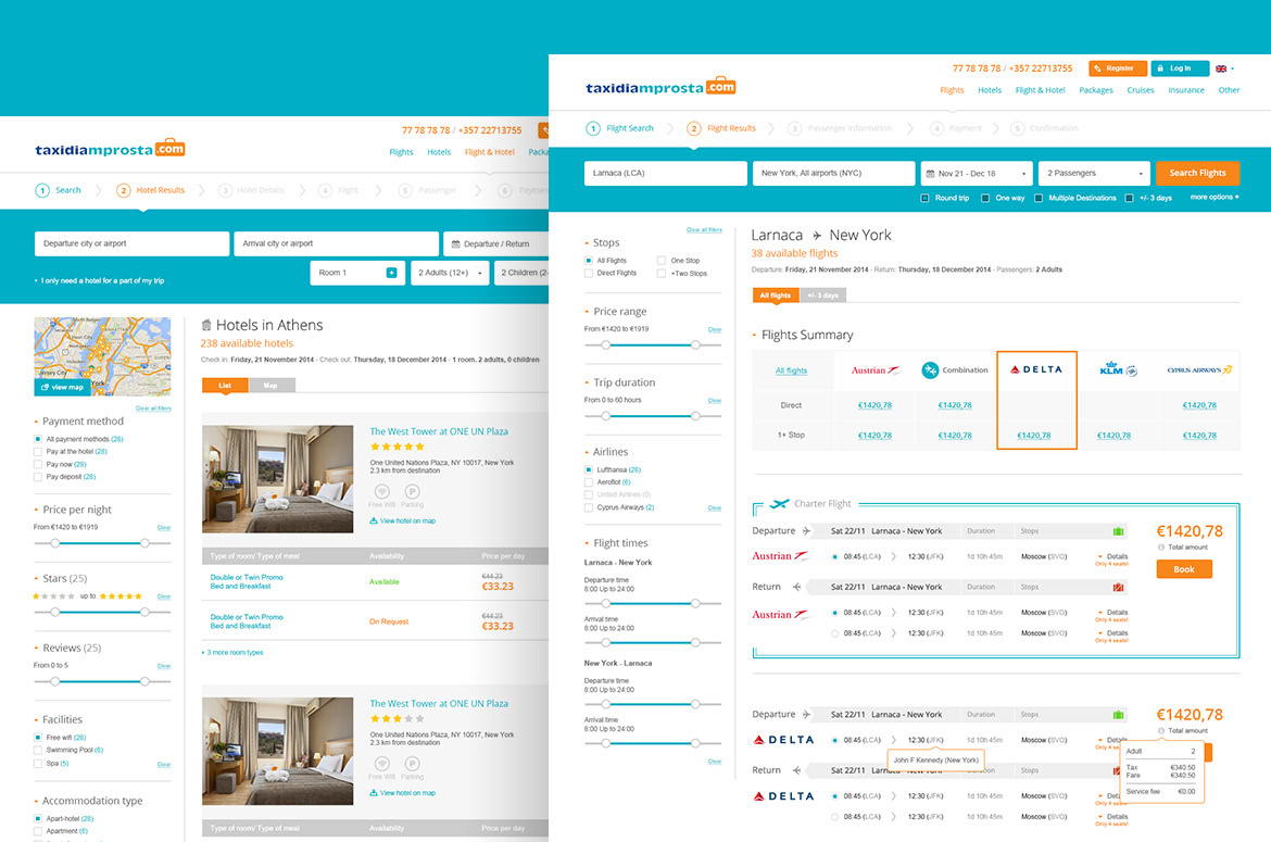 A hotel search results page showing listings in Athens with prices, filters, and a map.