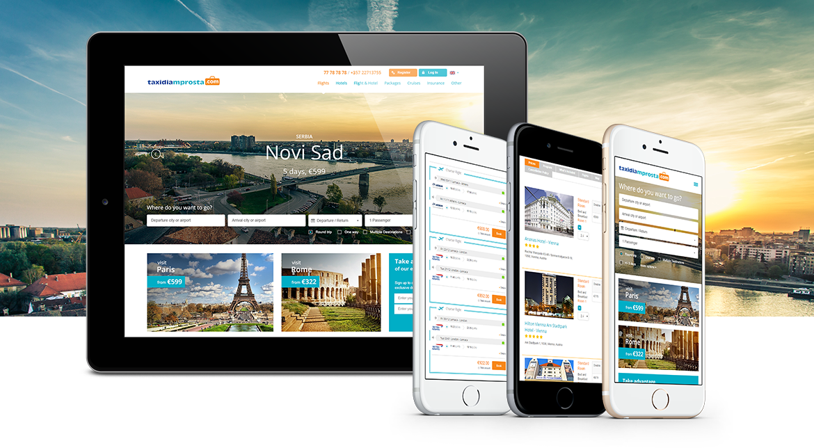 A laptop and three smartphones displaying a travel website with city images and booking options.