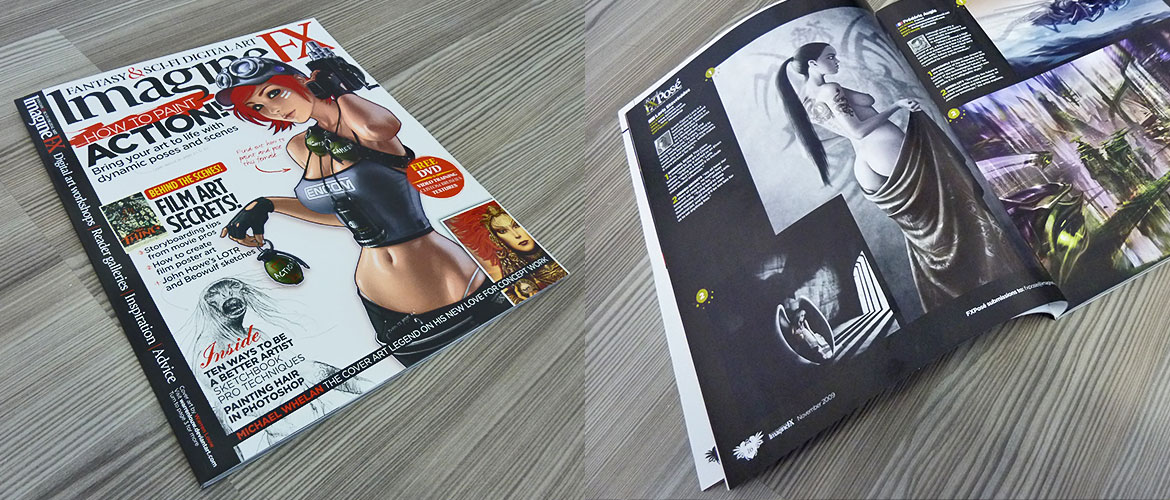 A woman in a black outfit and sunglasses on the cover of a magazine, with an open magazine showing black-and-white photos and text.