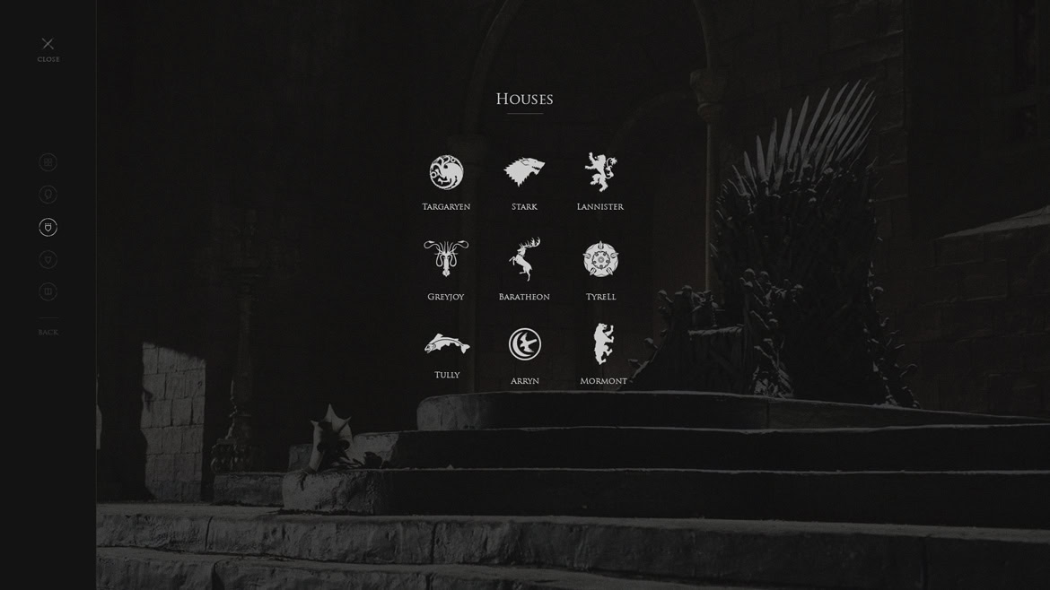 A cat resting on stone steps outside a dark building with various house icons displayed above.
