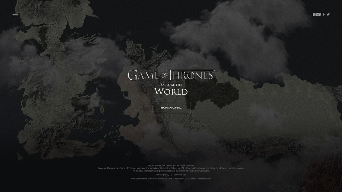 A map of Westeros and Essos from Game of Thrones with the show's title and options to explore the world.