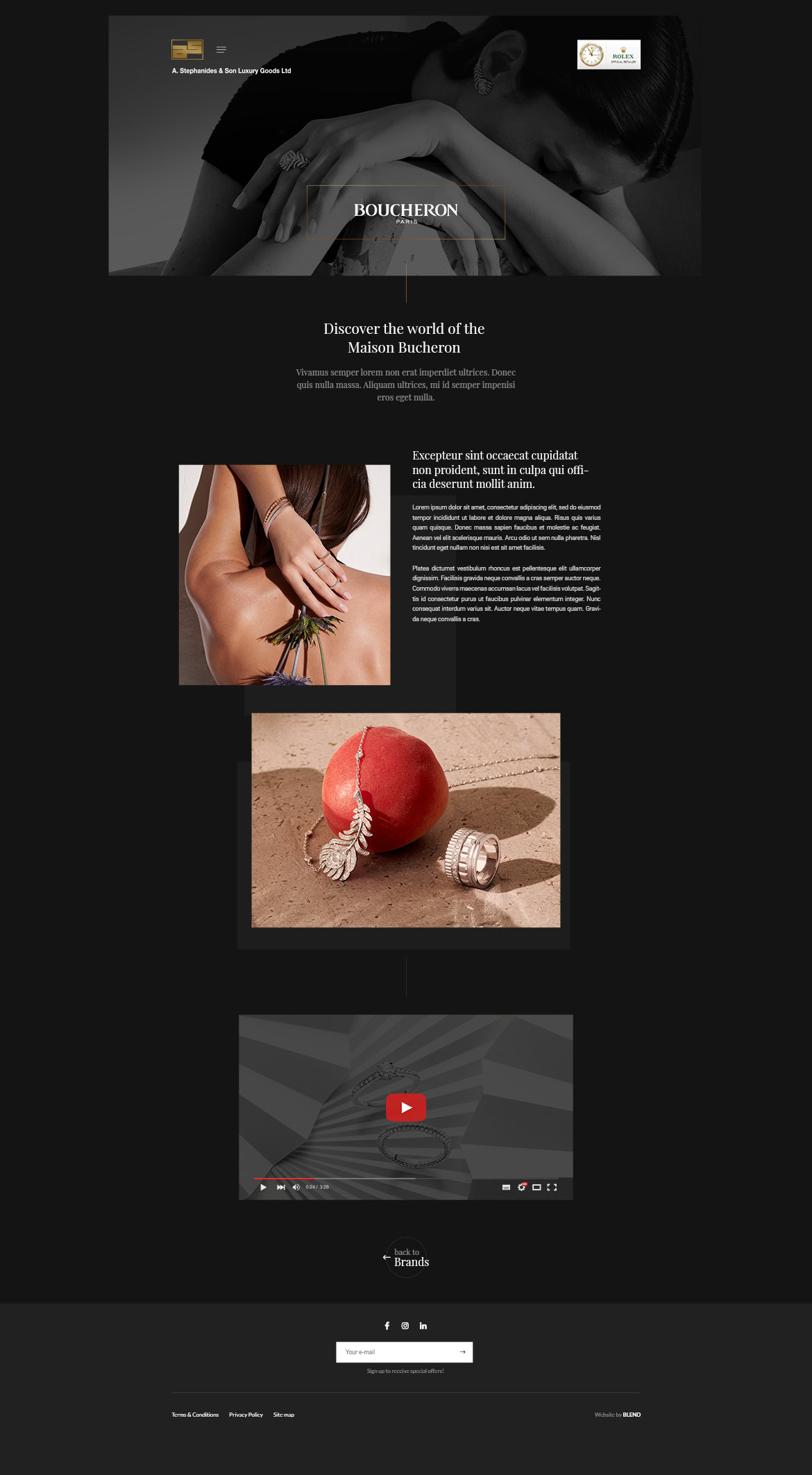 Discover the Maison Baccarat website homepage featuring a woman, a hand holding a glass, a red ball, and a video thumbnail.