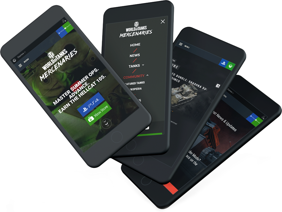 A group of smartphones displaying a military-themed game interface with menus, news, and gameplay screens.