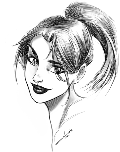 Black and white illustration of a woman with large eyes, full lips, and styled hair in a high ponytail.