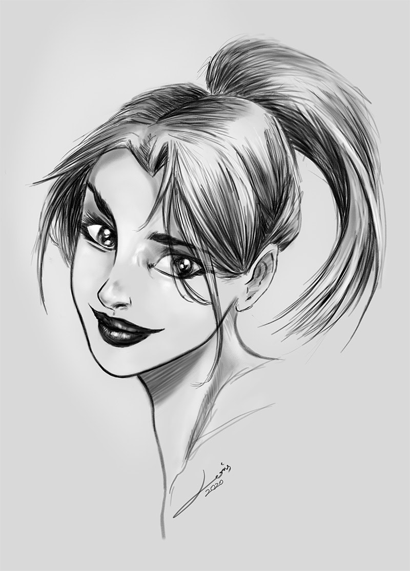 Black and white sketch of a woman with a high ponytail, smiling and looking to the side.