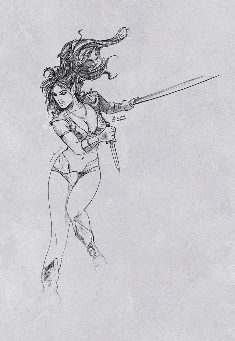 A woman with long, flowing hair holding a sword, dressed in casual clothing, in a dynamic pose.