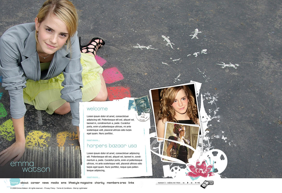 A young girl sitting on a colourful chalk-drawn ground with photos and a welcome message on paper.