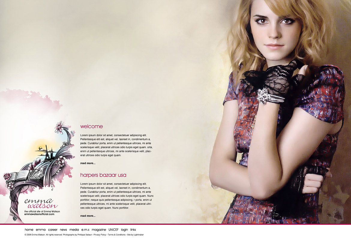 A young woman with blonde hair wearing a patterned dress and black lace gloves, standing next to a decorative butterfly illustration.