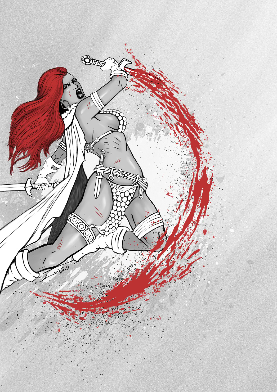 Illustration of a fierce warrior woman with red hair wielding a sword, surrounded by a red circular brushstroke.