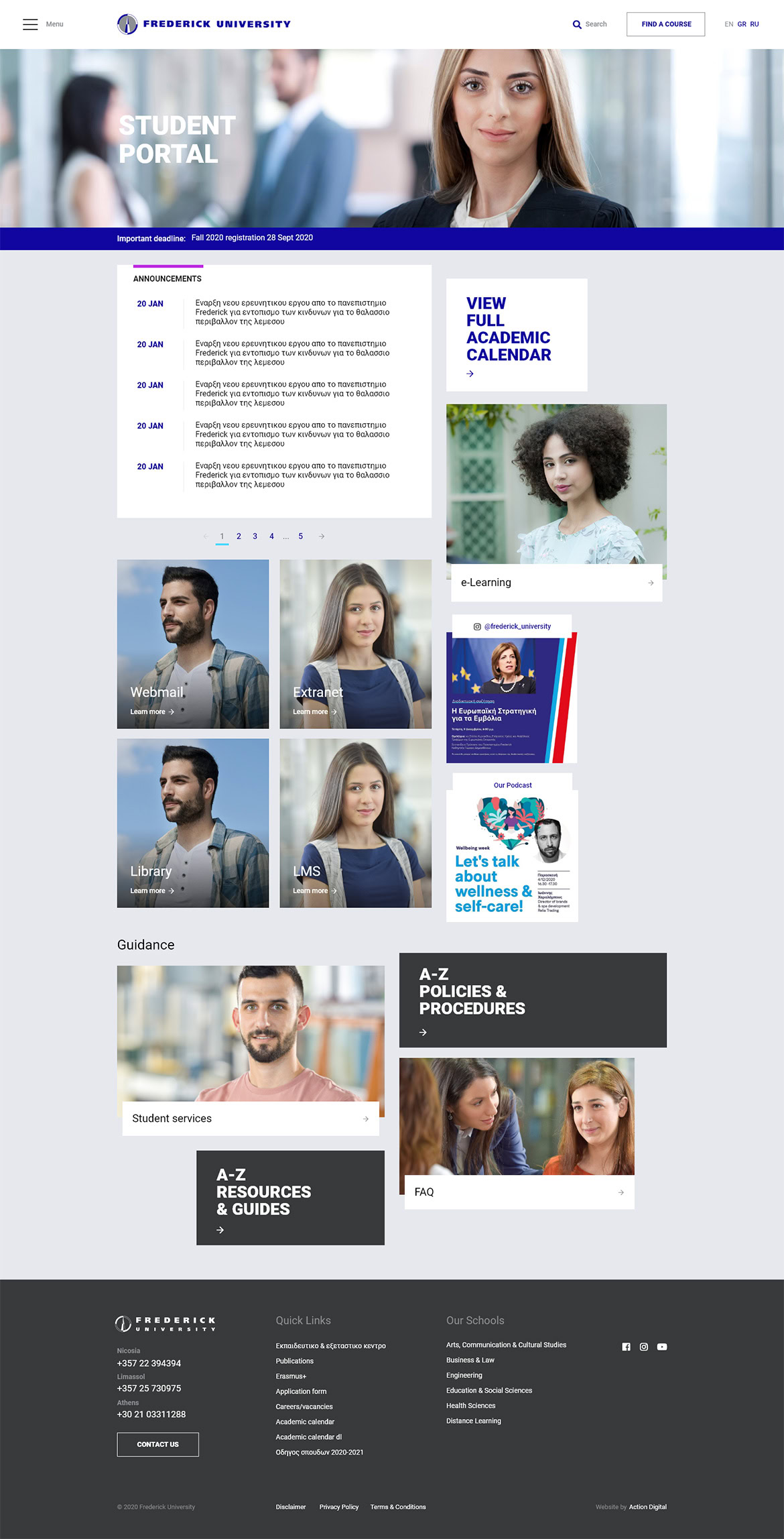 A group of diverse students and staff on a university student portal webpage with academic resources and guidance sections.