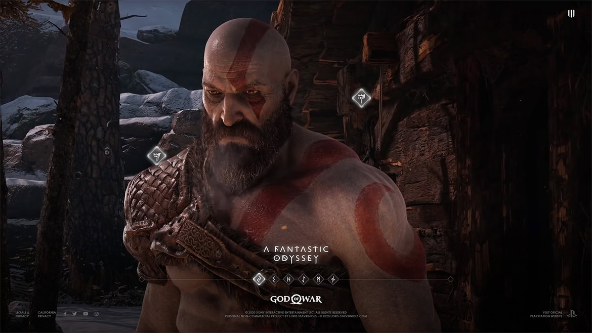 A fierce, muscular man with a beard and war paint on his face, standing outdoors with rocky terrain in the background.