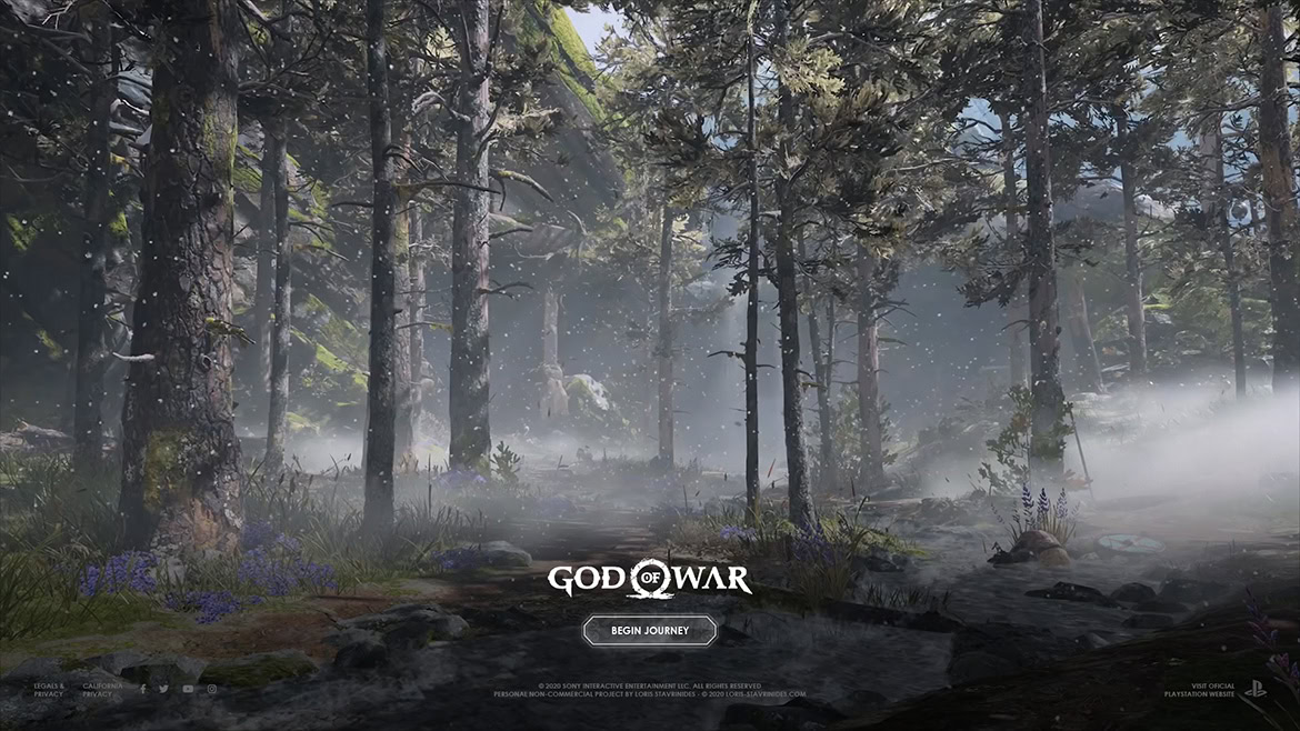 A dense forest scene with tall trees, mist, and a rocky ground.