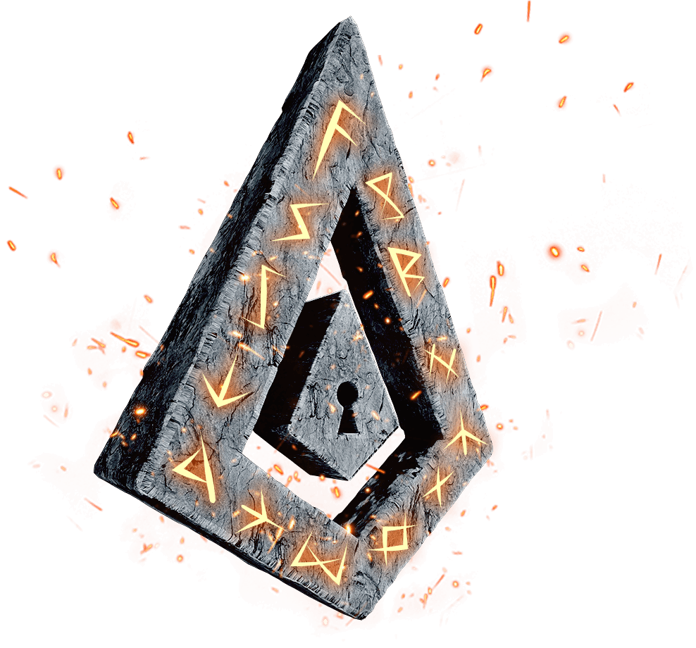 A stone structure with glowing runes and symbols, surrounded by red-orange glowing particles.