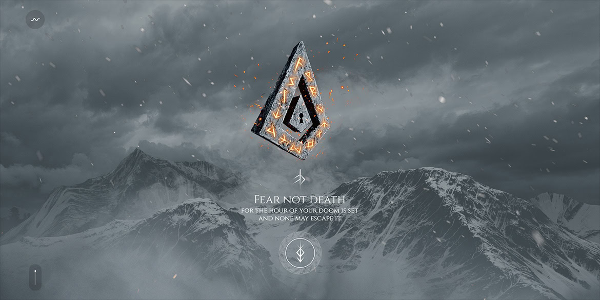 A lone mountain landscape with a floating geometric symbol and falling snow under a cloudy sky.