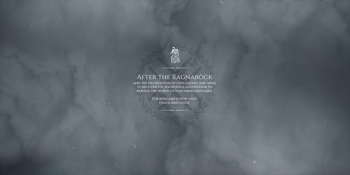 A stormy sky with dark clouds and a central emblem with text about Ragnarok and chaos.