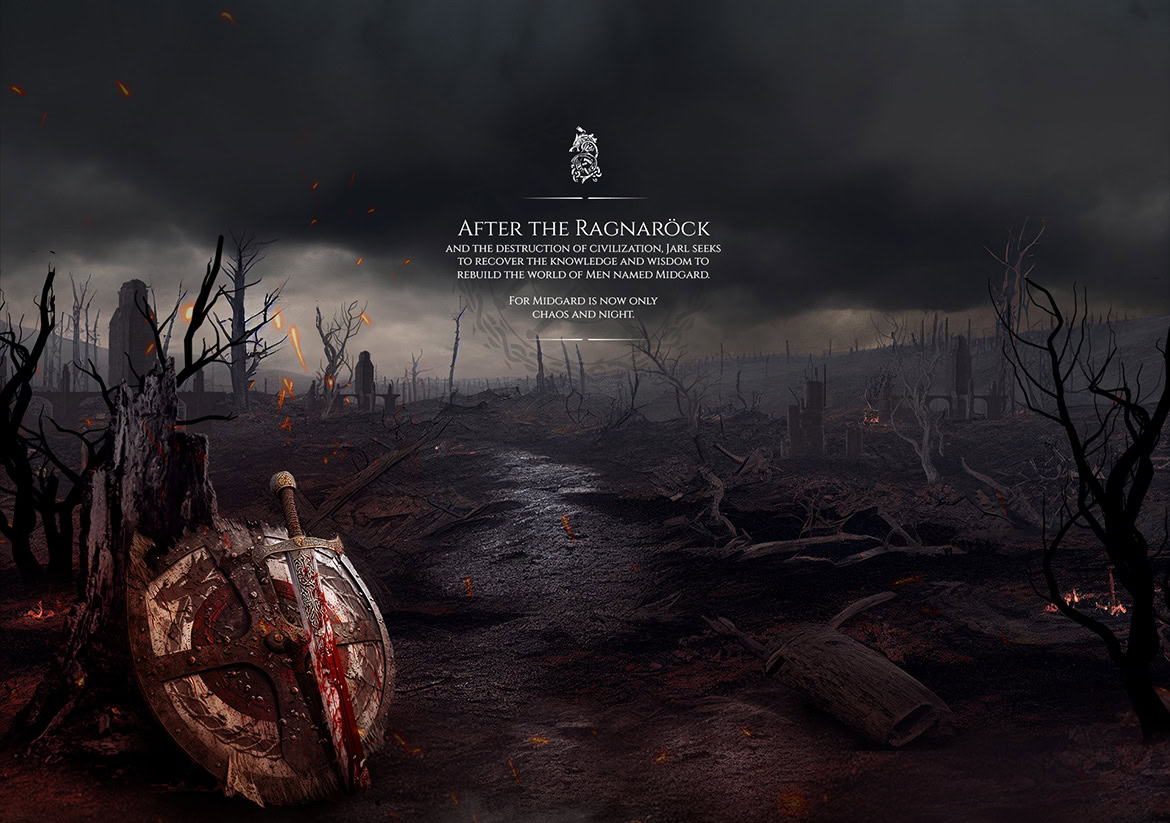 A ruined battlefield with a fallen shield, charred trees, and a dark, stormy sky.
