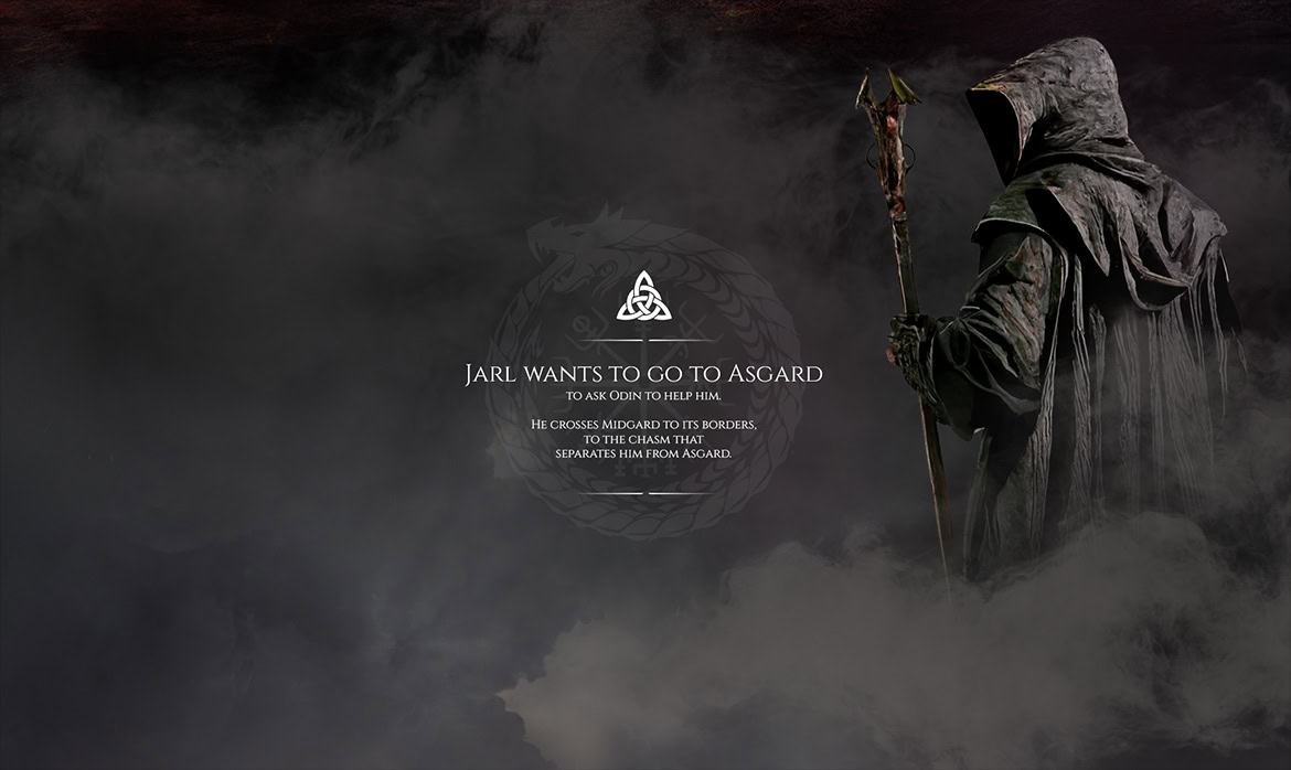 A hooded figure holding a staff in a foggy, dark landscape with a central logo and text.