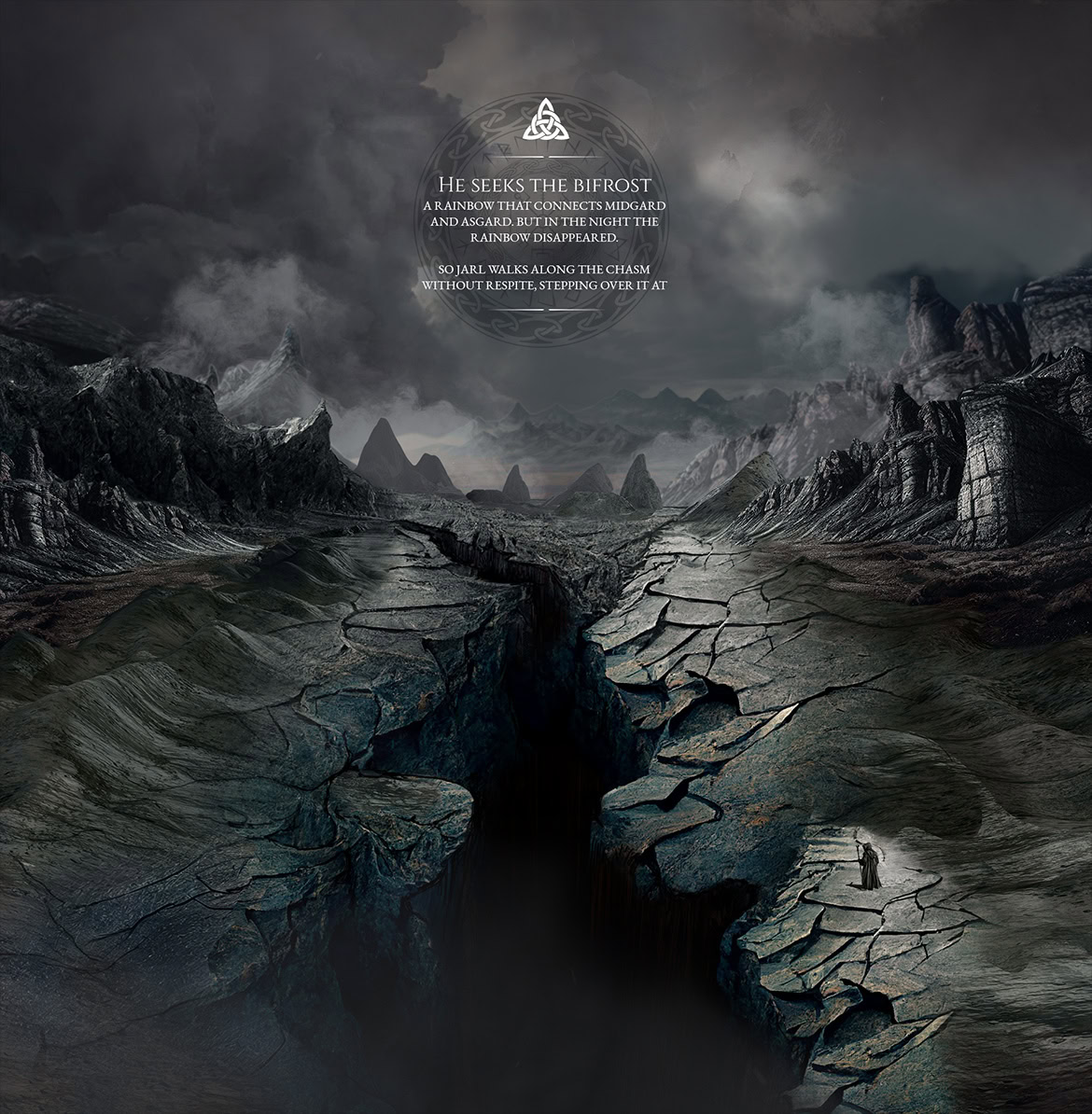 A lush, mountainous landscape with a deep canyon and cloudy sky, featuring a solitary figure on a rocky path.