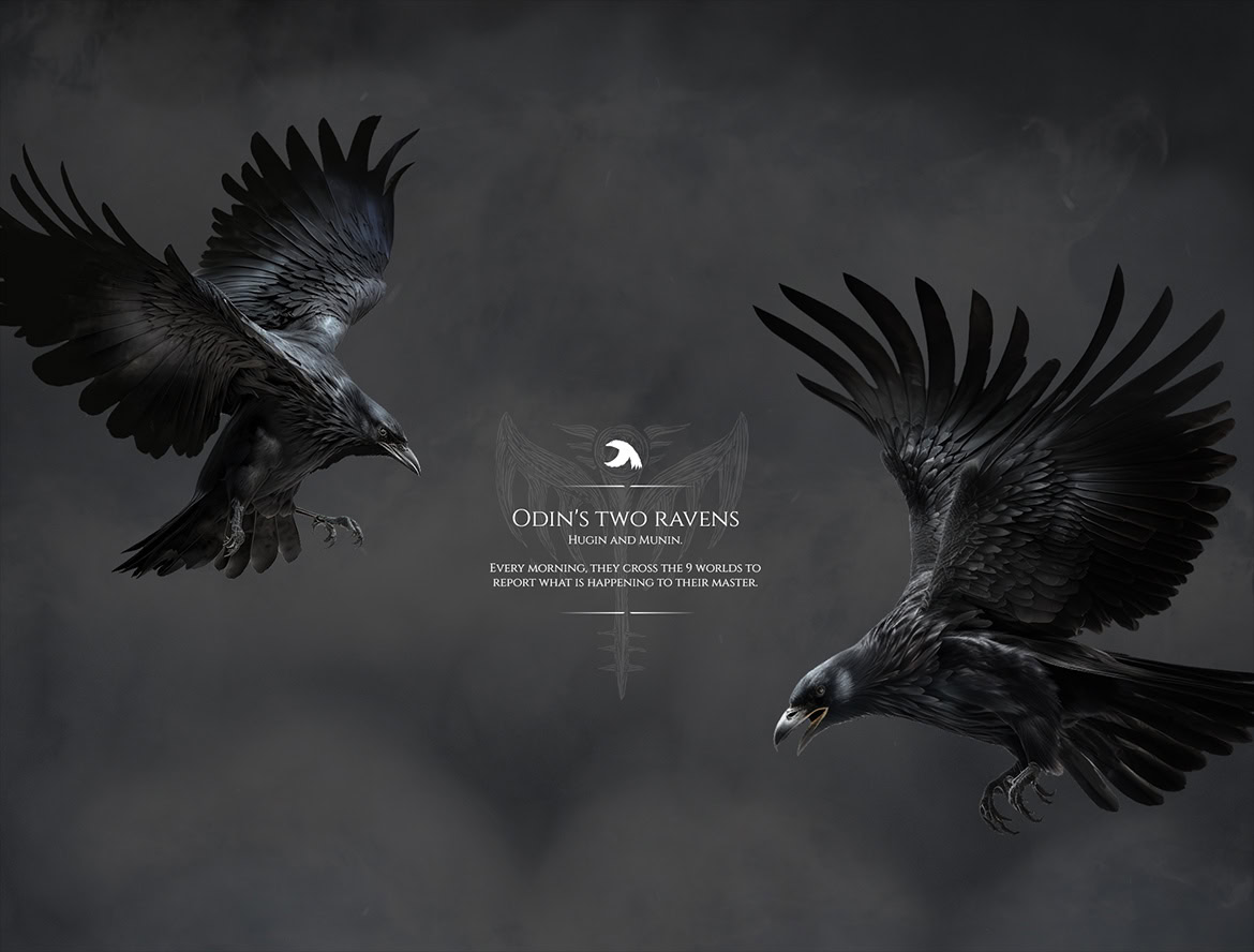 Two ravens flying against a dark, cloudy sky with a faint image of Odin's face and text in the background.