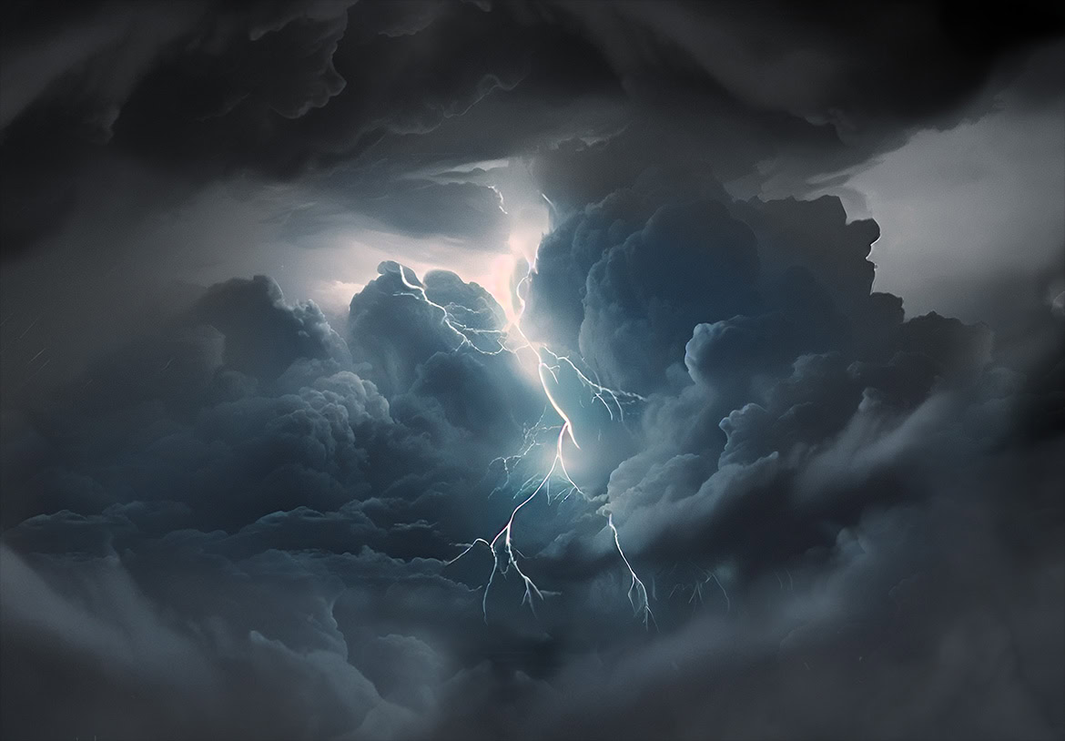 A lightning bolt strikes through dark storm clouds in a dramatic sky.