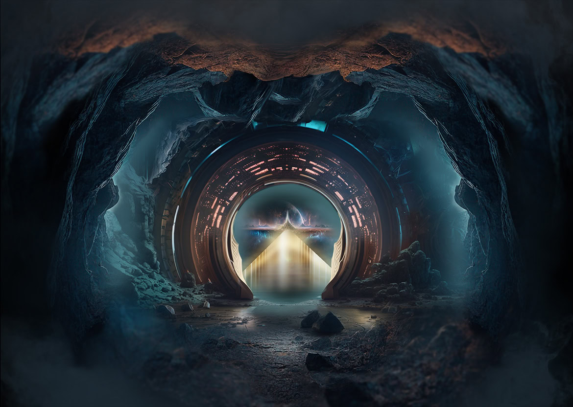 View of a futuristic tunnel with glowing lights and a distant bright opening, surrounded by rocky cave walls.