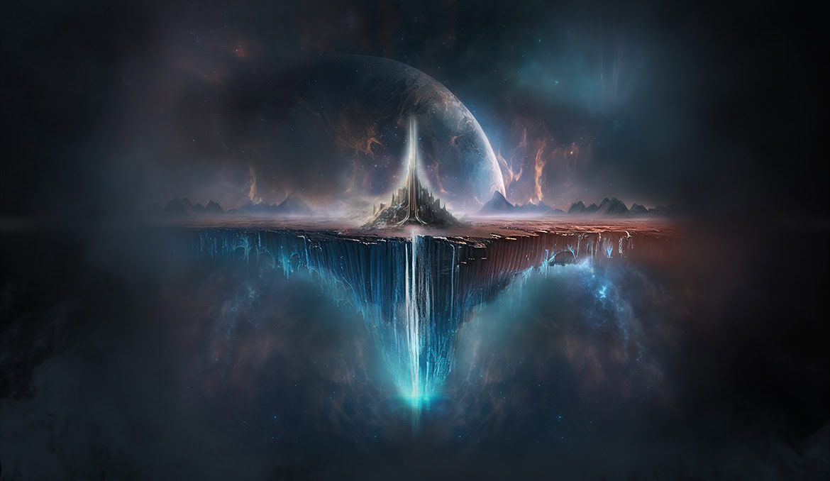 A cosmic scene with a large planet, a bright central explosion, and a reflective water surface below.